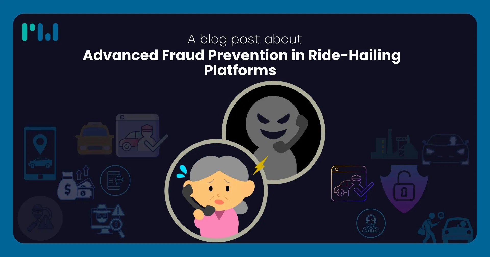 Illustration showing a worried woman talking on the phone with a malicious figure on the other end, representing fraud in ride-hailing platforms, with smaller icons related to security and ride-hailing in the background.