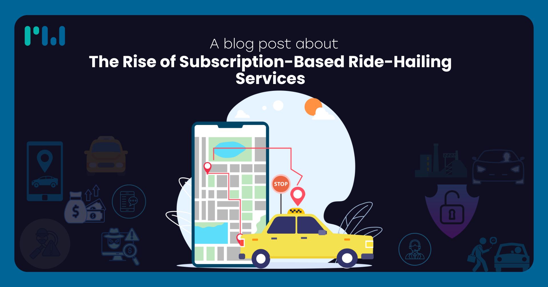 Illustration of a yellow taxi next to a smartphone displaying a route map with location markers and a stop sign, symbolizing subscription-based ride-hailing services.